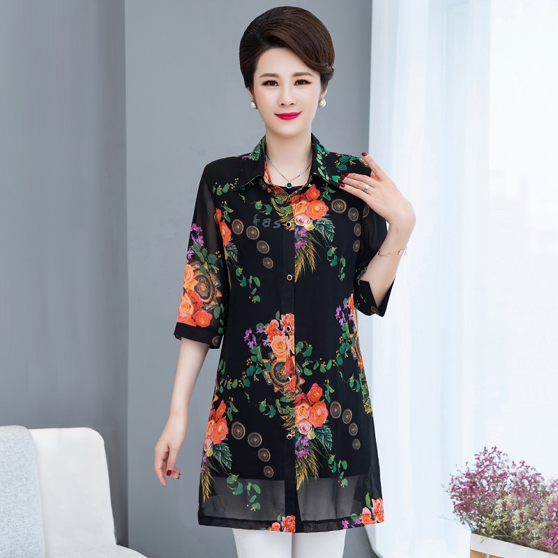 Color 10Middle aged and elderly Mother dress Shawl loose coat summer Medium and long term Sunscreen middle age woman Cardigan Thin Chiffon shirt Outside
