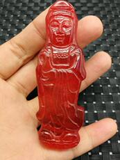 Украшения на шею 精品玉器清代稀有红翡翠老翡翠玉站观音手托宝瓶玉观音挂件项链坠