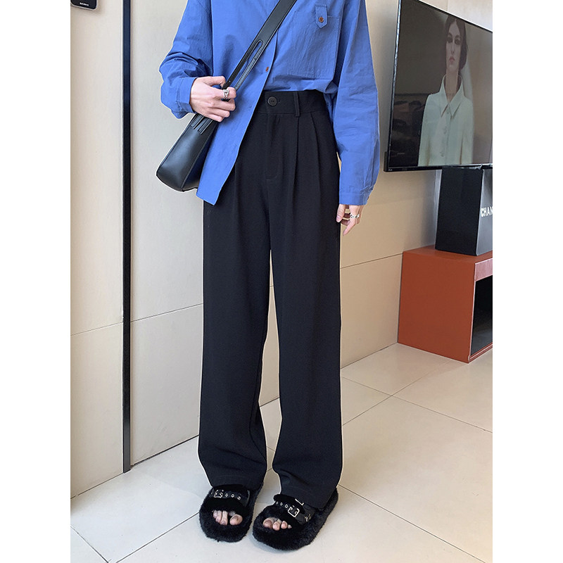 Spring petite black wide-leg dress pants for women, high-waisted straight-leg floor-length pants with a good drape, versatile and slimming, trendy suit pants