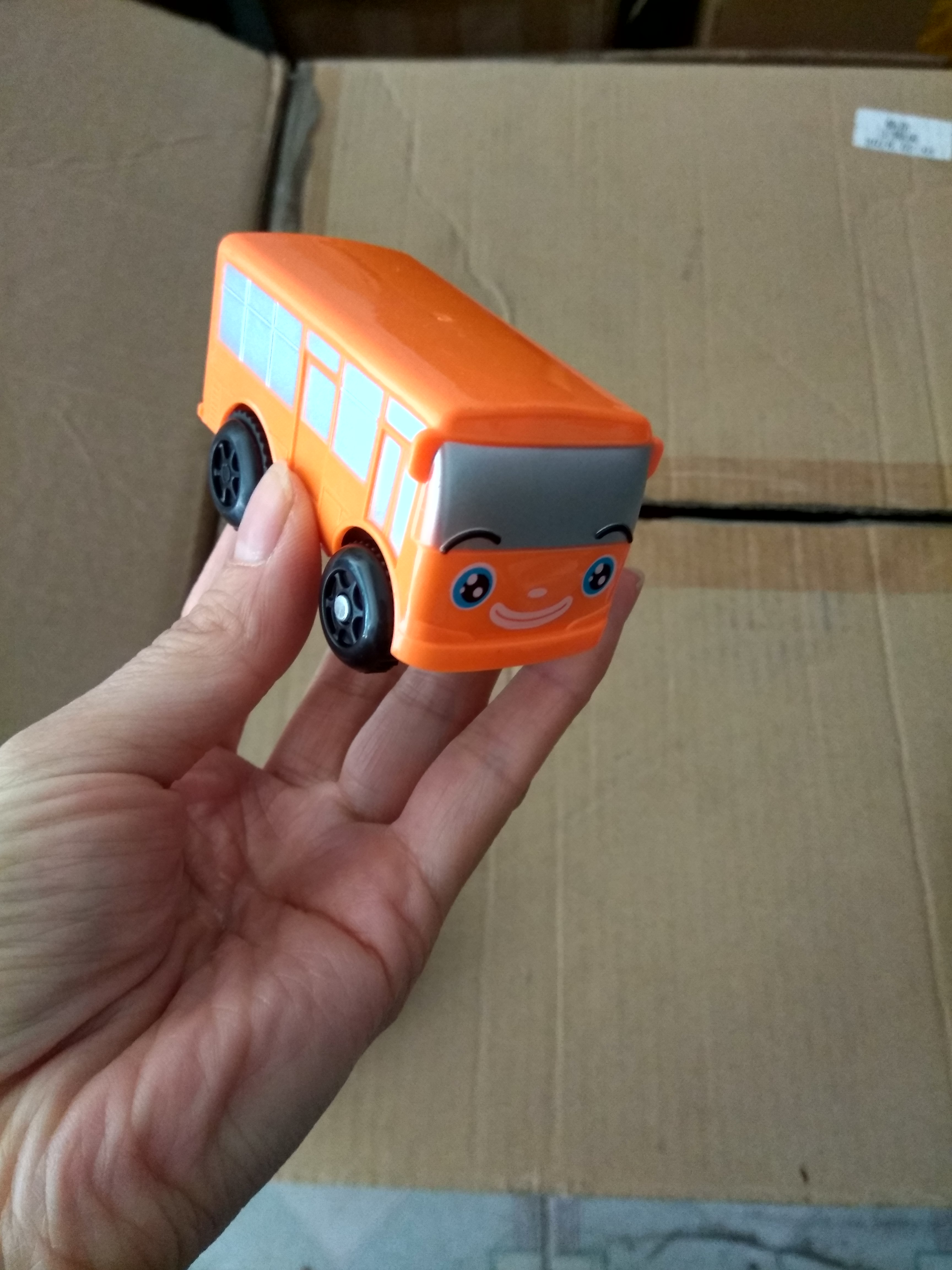 Smiling Face Orange Bus Electric Racing Car 4.2CmElectric track Toy car Specially equipped racing multi-storey track automobile Changeable Rail car Toys a car Electric