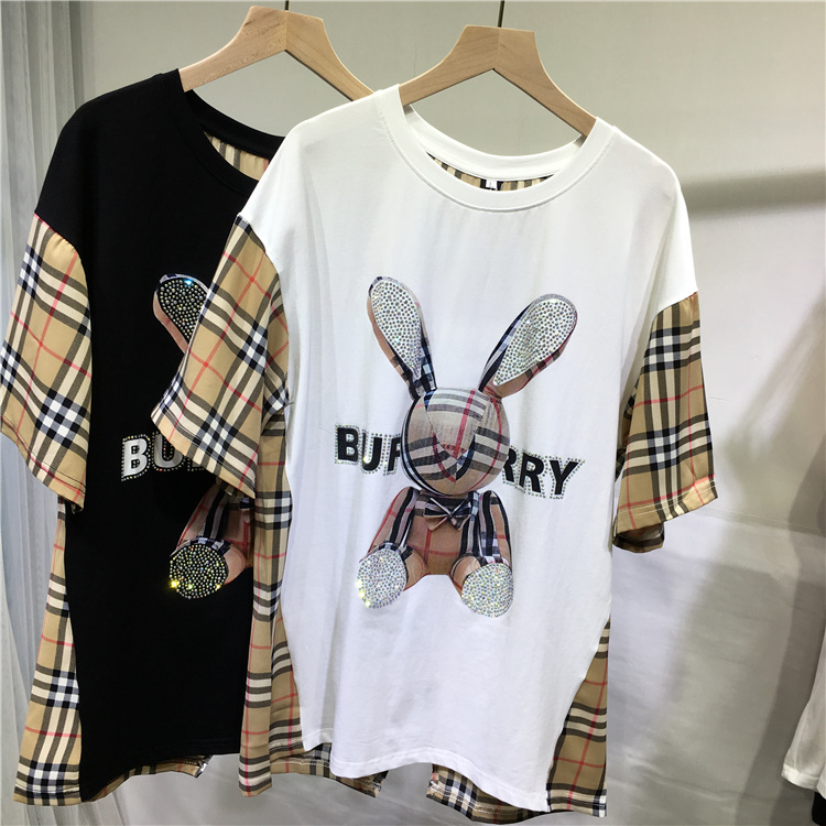 WhiteEuropean goods heavy industry Hot drilling new pattern female T-shirt Cartoon lattice Short sleeve Crew neck summer easy Big size jacket Fat mm tide