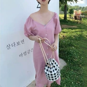 Hàn Quốc ins gió nhỏ sexy từ cổ áo quây bong bóng lỏng tay áo màu sắc hoang dã đơn ngực dài ăn mặc