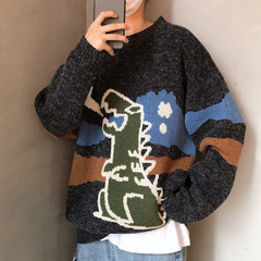 港風恐龍卡通刺繡毛衣日系復古加厚拼接針織衫秋冬款