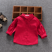 Elf cô gái mùa xuân và mùa thu bé áo sơ mi cotton dài tay áo sơ mi bé ve áo quần áo màu đỏ