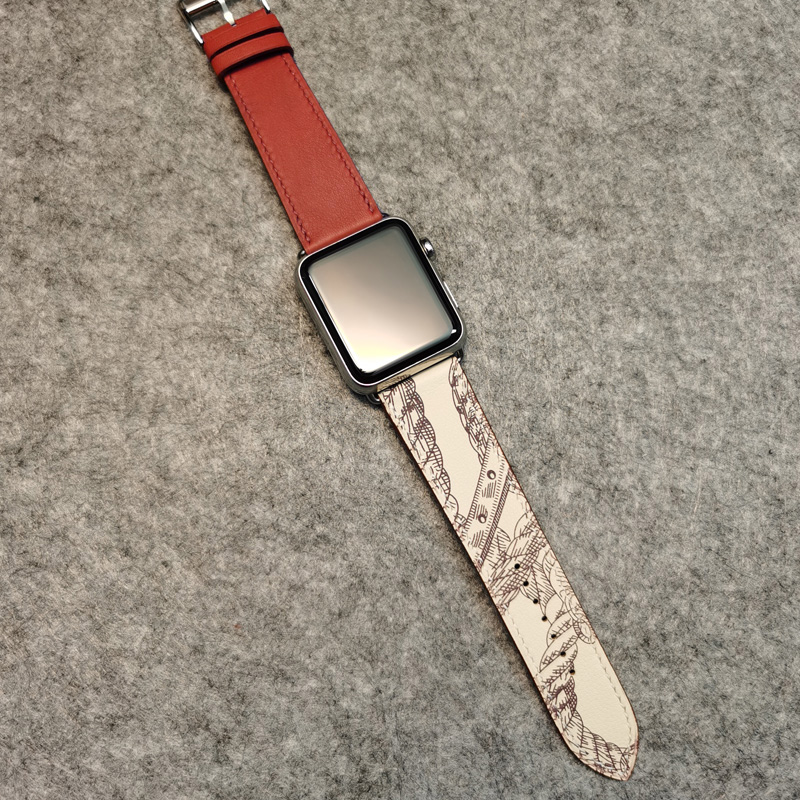 Brick Red Mud Grey Printingiwatch Watch strap manual genuine leather apple watch Wrist watch Watch strap apply Apple Series 6 / 54 / 321