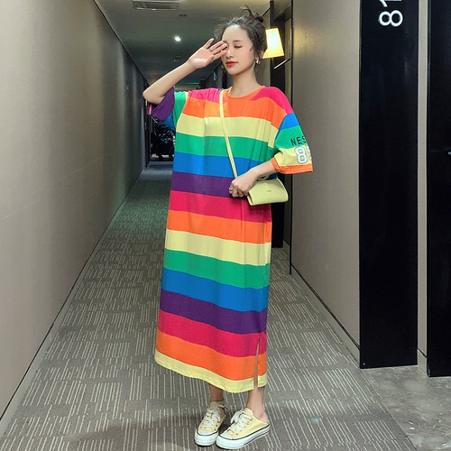 Платье, радужная длинная юбка, длинная футболка с коротким рукавом, большой размер, по фигуре, оверсайз, в корейском стиле