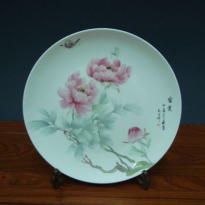 景德镇陶瓷器手绘牡丹瓷盘名家秋生挂盘看盘装饰画盘客厅摆件定做