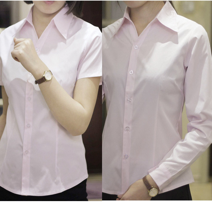 Mới nữ mỏng váy chuyên nghiệp sọc màu hồng áo sơ mi ngắn tay áo dụng cụ dài tay áo nửa tay áo
