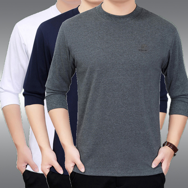 中年秋衣男长袖t恤秋冬半高领加厚打底衫中老年纯棉宽松纯色上衣