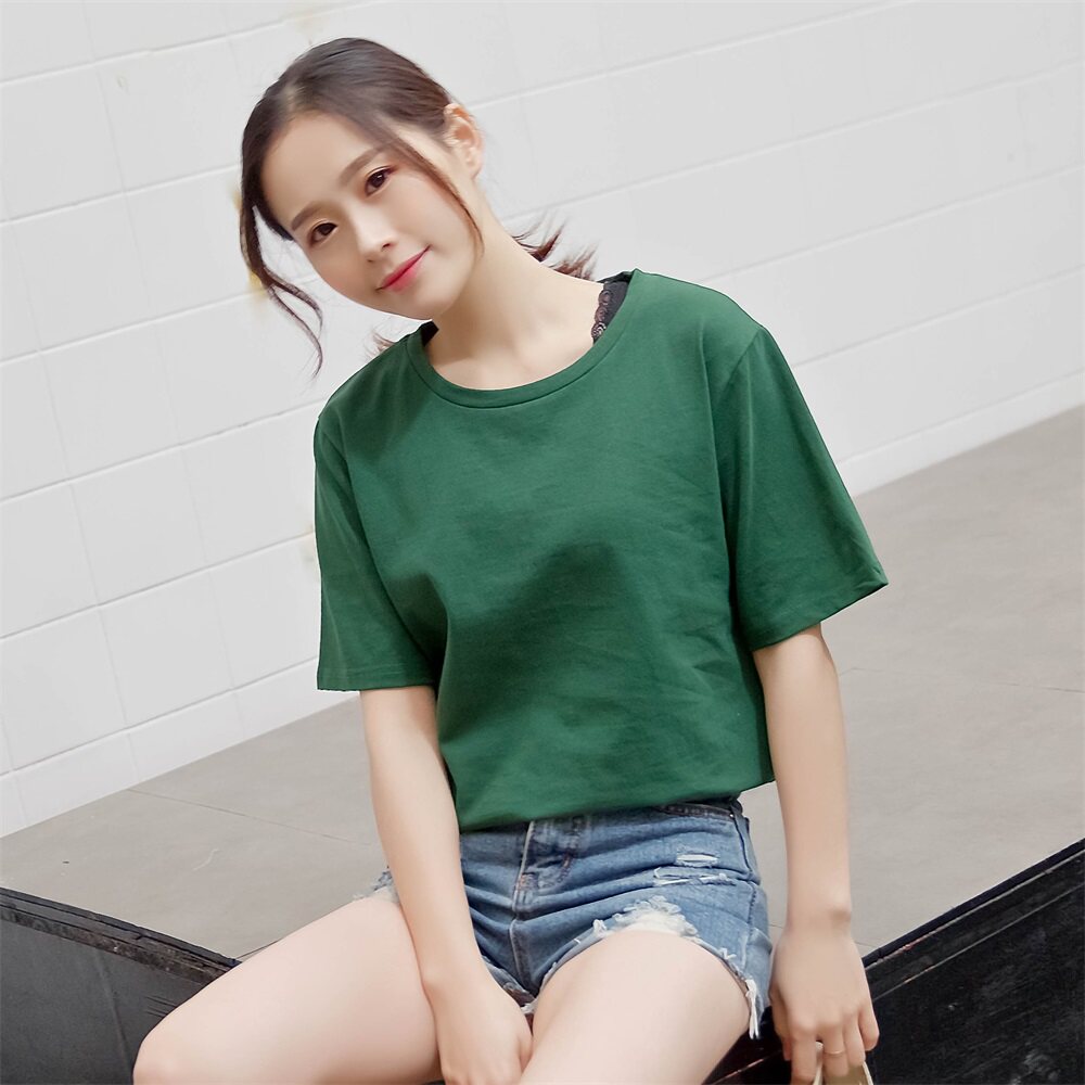 528#实拍夏季新款纯棉短袖t恤 女装纯色圆领宽松上衣(100%棉)