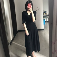 Tính khí đen bảy điểm tay áo v-cổ chia ngã ba một mảnh bọc váy dài váy tie eo cardigan dress váy đụp