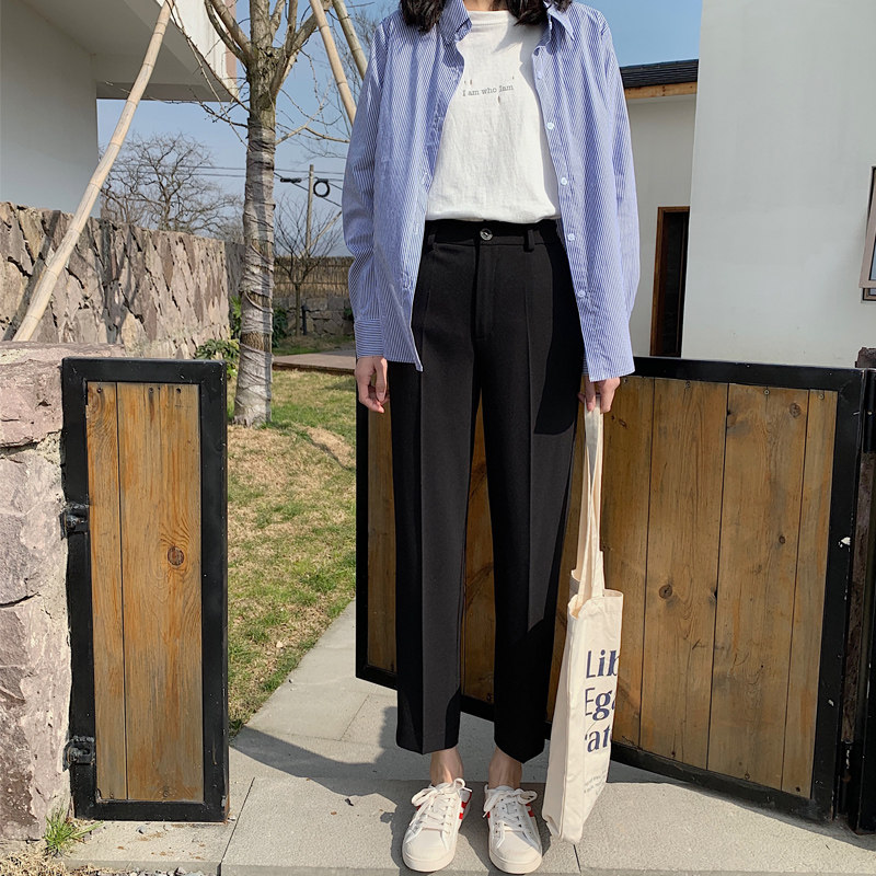 坠感直筒裤女2021春夏韩版宽松学生九分工装裤休闲西装裤哈伦裤