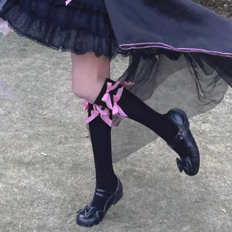 Black Pink Bow Socks【 new pattern yu about 】 Sweet bean series Small things