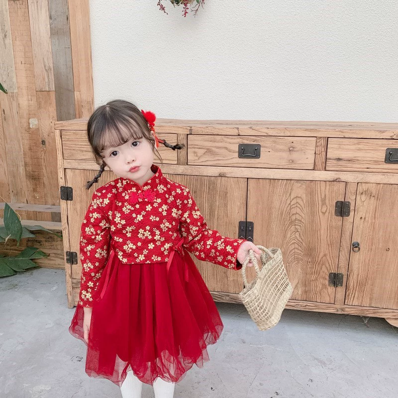 Quần áo bé gái đơn giản sang trọng ăn mặc hợp xướng phù hợp với năm mới hoang dã Quần áo trẻ em 2 tuổi 8 kiểu Trung Quốc mở cửa cho bé - Khác