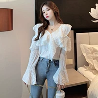 2019 thu đông mới xù cổ chữ V quây áo dài tay áo sơ mi rộng rãi áo chống nắng Hàn Quốc quần áo nữ - Áo sơ mi áo sơ mi vải lụa