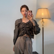 Mùa thu 2019 mới phổ biến của phụ nữ phiên bản Hàn Quốc của cổ áo vuông màu rắn tay dài tay áo sơ mi nữ dây rút - Áo sơ mi dài tay