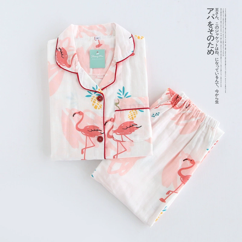 Chim hồng hạc vui tươi ~ Gạc đôi cotton cổ điển Nhật Bản nữ quần dài tay dài bộ đồ ngủ phục vụ tại nhà - Bộ Pajama