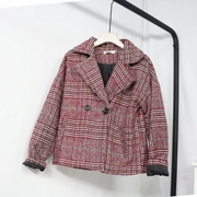 Hương thơm nhỏ gió tweed ngắn áo khoác nữ b 14 lỏng kích thước lớn mùa thu và mùa đông cổ điển kiểm tra đôi ngực áo len