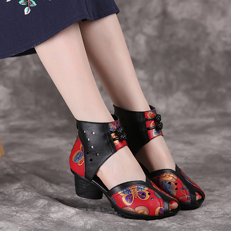 Blacksummer mom Sandals female genuine leather Thick heel soft sole ethnic style Hollow out Middle aged and elderly Fish mouth cheongsam Women's Shoes Middle heel shoes