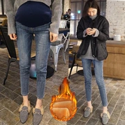 Bà bầu quần jeans mùa thu và mùa đông mặc quần dài mùa đông cộng với nhung dày ấm áp mùa đông chín điểm nâng bụng