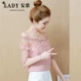 Chiffon Leaky Clavicle Top Off Shoulder Shoulder Short Tay Nữ Mùa Hè 2018 Mới Siêu Tiên Ren Ren Đại Dương Áo nhỏ Tính Khí áo sơ mi nữ công sở