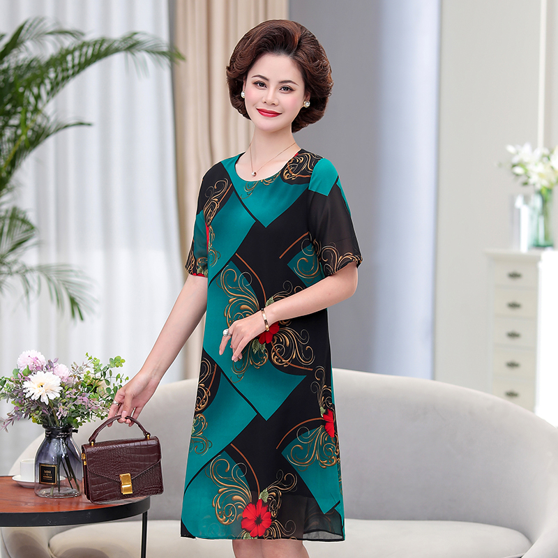 L02 Bluemiddle age mom Foreign style summer wear Dress 40 year 50 Middle aged and elderly Women's wear Chiffon skirt temperament noble longuette