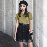 Đặt nữ mùa hè mới của phụ nữ Hàn Quốc phiên bản của đơn giản hoang dã bơ trái cây T-shirt + cao eo lưới khâu denim váy thủy triều