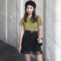 Đặt nữ mùa hè mới của phụ nữ Hàn Quốc phiên bản của đơn giản hoang dã bơ trái cây T-shirt + cao eo lưới khâu denim váy thủy triều đồ bộ nữ