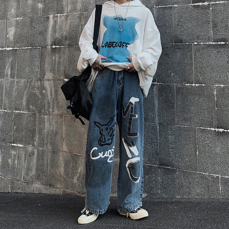 Ins hip hop hip hop high street baggy straight pants graffiti printed pants draping jeans wide leg dad pants man