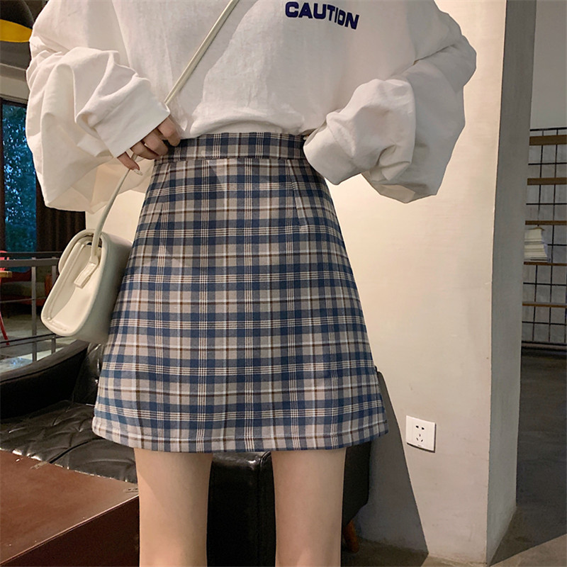 Blue CheckSpring and summer 2021 new pattern Retro Hong Kong flavor High waist bm lattice Short skirt A word Buttocks skirt schoolgirl skirt autumn