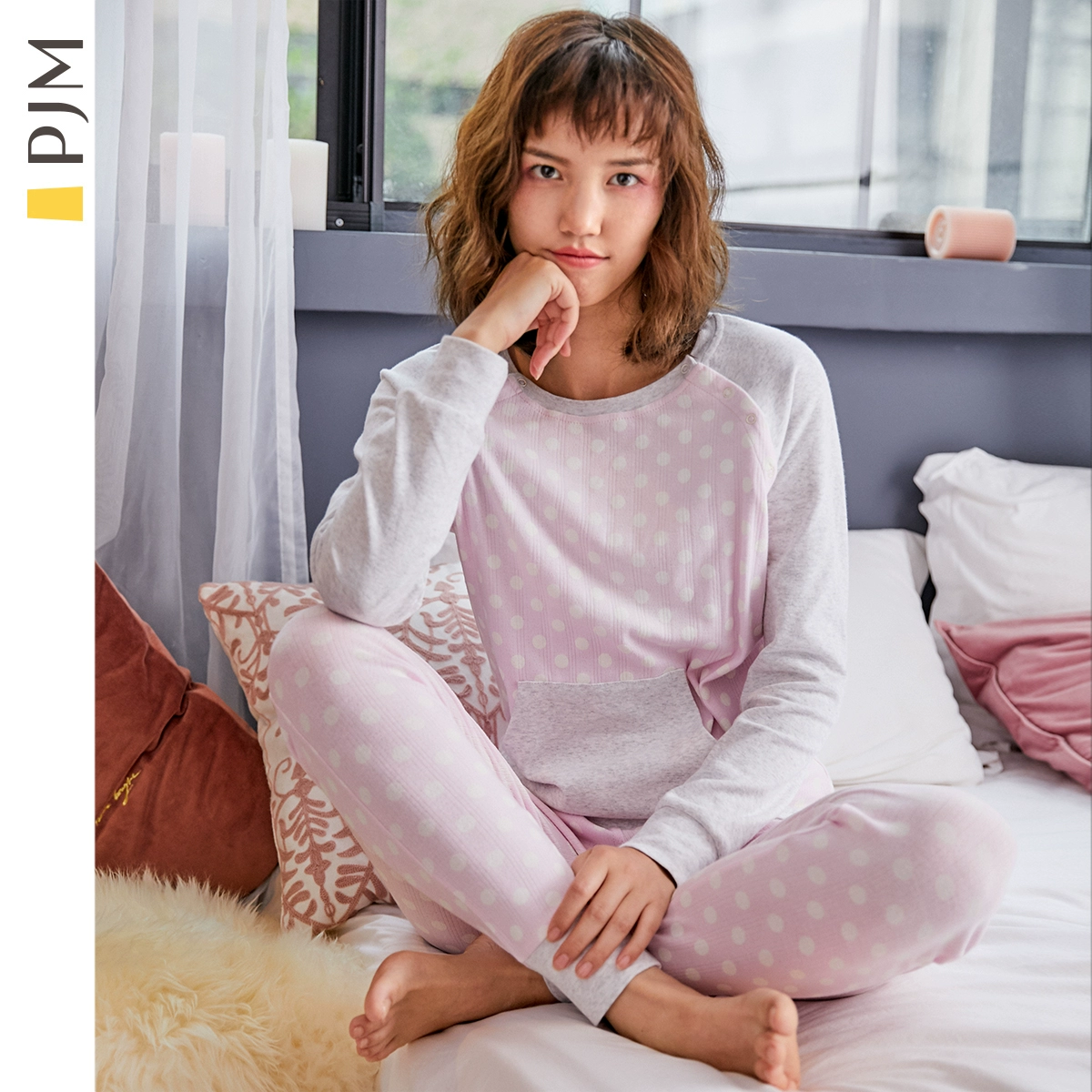 Bộ đồ ngủ bằng vải cotton của PJM in họa tiết nữ mùa xuân và mùa thu hedging dễ thương quần dài tay giản dị phục vụ nhà - Giống cái