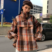 Mùa thu và mùa đông Hàn Quốc của gió đại học kẻ sọc ngắn áo khoác ngắn retro cổ áo len cao cổ nữ
