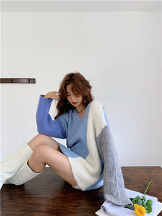[Rumia] デザイナーブランド 20 年新しいスタイルレイジースタイル V ネックカラーブロックウールセーター女性用