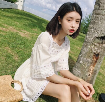 范智乔 小清新连衣裙女2018春夏季新款海边度假超仙女蕾丝衬衫裙
