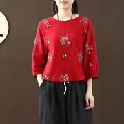 Xuân 2018 mới văn học retro cotton và vải lanh ngắn áo thun Áo phông bảy điểm tay áo thêu phụ nữ - Áo phông