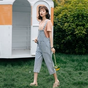 Mùa hè nữ phiên bản Hàn Quốc của eo cao thả lỏng sinh viên giải trí hoang dã giảm tuổi rộng chân thẳng bảy điểm quần denim dây đeo - Quần jean