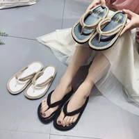 18 mùa hè mới ins net màu đỏ với đầu vuông gai dây phẳng dưới ngón chân flip flops nữ cỏ dệt dép La Mã và dép đi trong nhà dép xinh