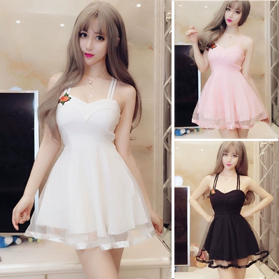 夜店女装性感气质吊带抹胸绣花低胸露背收腰网纱拼接蓬蓬连衣裙夏-淘宝网