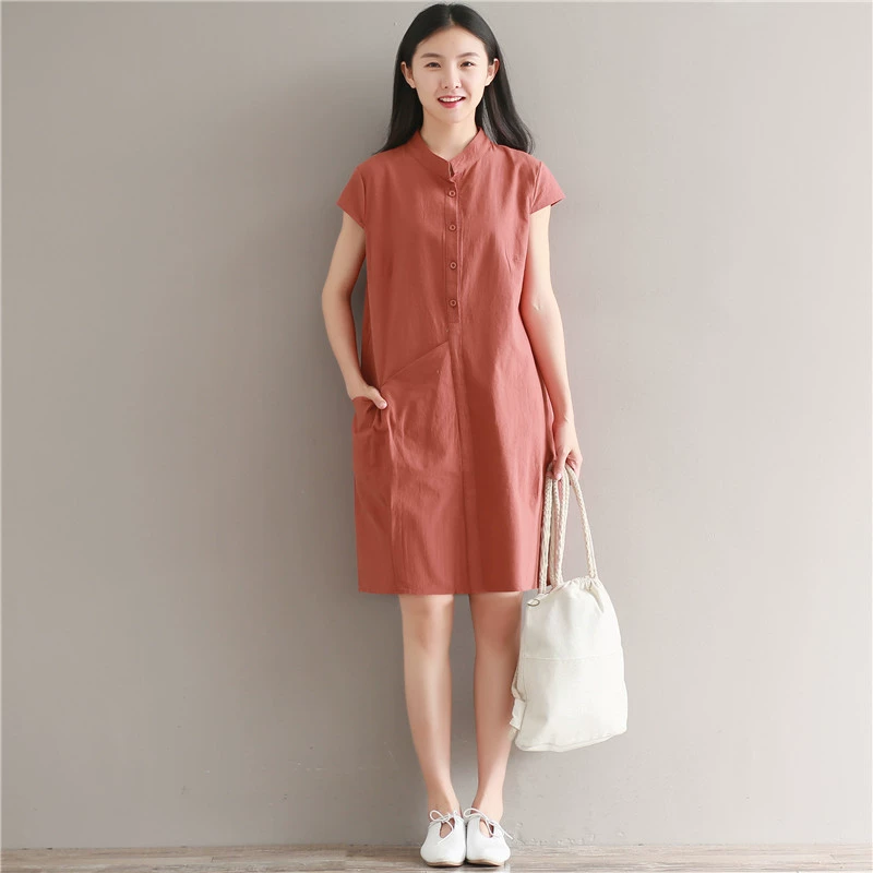 Mùa hè năm 2021 Váy cotton và lanh cỡ lớn mới và tươi mát cỡ lớn Mori girl Váy lanh ngắn tay Hàn Quốc rộng rãi và mỏng - Sản phẩm HOT