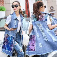 Mùa xuân và mùa hè phiên bản Hàn Quốc cộng với phân bón XL 200 pounds chất béo mm dài đoạn sequin denim vest vest vest vest nữ áo khoác bomber nữ