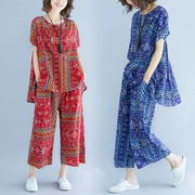 Quần cotton và vải lanh in quần phù hợp với nữ mùa hè kiểu mới quốc gia size rộng Áo thun rộng bảy điểm quần ống rộng hai mảnh
