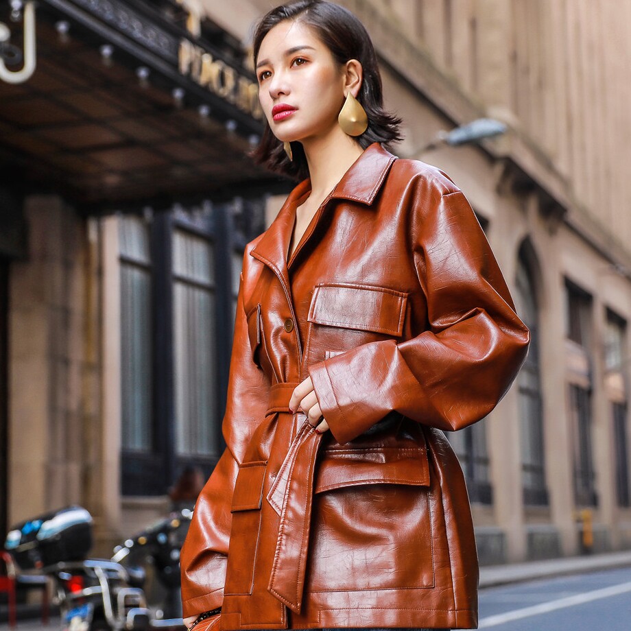 实拍复古树皮纹理pu皮皮衣方领大口袋宽松廓形插肩袖夹克外套纯色