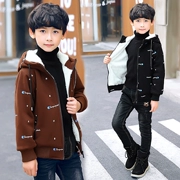 Áo khoác bé trai cộng với quần áo nhung thu đông 2018 cho bé lớn mùa đông áo len trùm đầu cho bé
