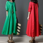 Văn học fan cotton và linen dài váy 2018 mùa hè mới Hàn Quốc phiên bản của kích thước lớn thêu pocket loose linen ăn mặc giản dị