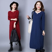 Mùa xuân và mùa thu văn học kích thước lớn gió quốc gia váy dài cotton jacquard tay áo dài retro lỏng v-cổ lanh váy nữ