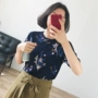 2275 thanh lịch in ngắn tay áo len hoa băng lụa vòng cổ áo thun hàng đầu t- shirt nữ 18 mùa hè ăn mặc áo form rộng