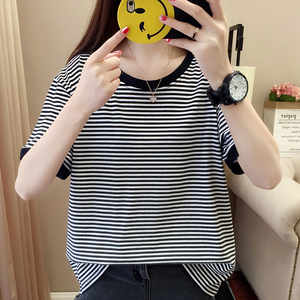 Cộng với phân bón XL nữ chất béo mm2018 mới mùa hè bông sọc ngắn tay t-shirt 200 kg loose bìa belly áo sơ mi