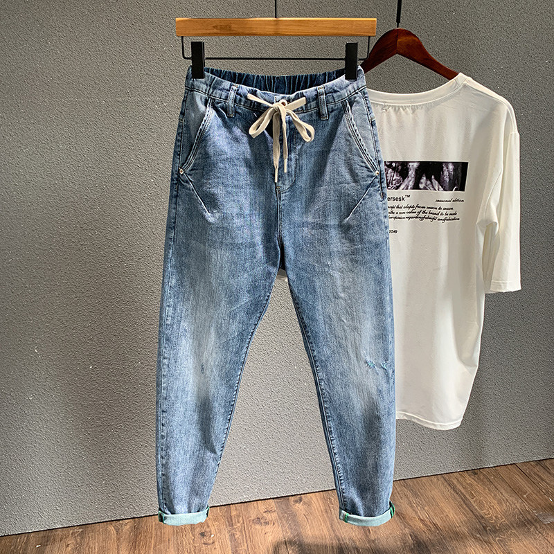 Autumn stretched-waist jeans for men, trendy Japanese style, simple, loose, casual, elastic and slimming, long pants for small feet