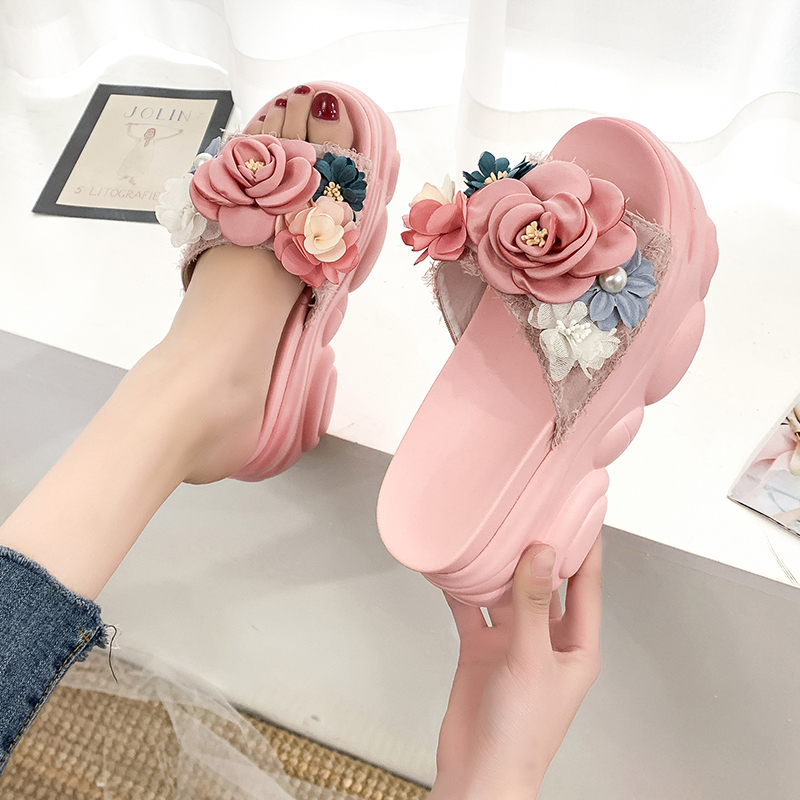 PowderFairy wind flower slipper female Wear out 2021 summer new pattern fashion Versatile Internet celebrity Muffin Thick bottom sandy beach Sandals