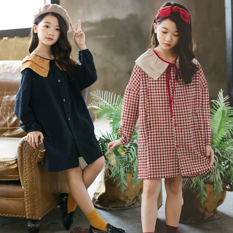 Mùa thu 2019 mới cho trẻ em váy dài tay Hàn Quốc váy trẻ em ruffle váy cô gái lớn hơn váy kẻ sọc công chúa - Trang phục dành cho cha mẹ và con